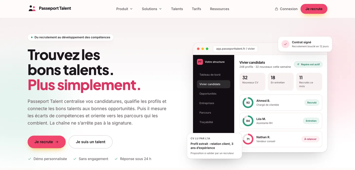 Page d'accueil de Passeport Talent : « Trouvez les bons talents. Plus simplement. » et un aperçu du vivier de candidats